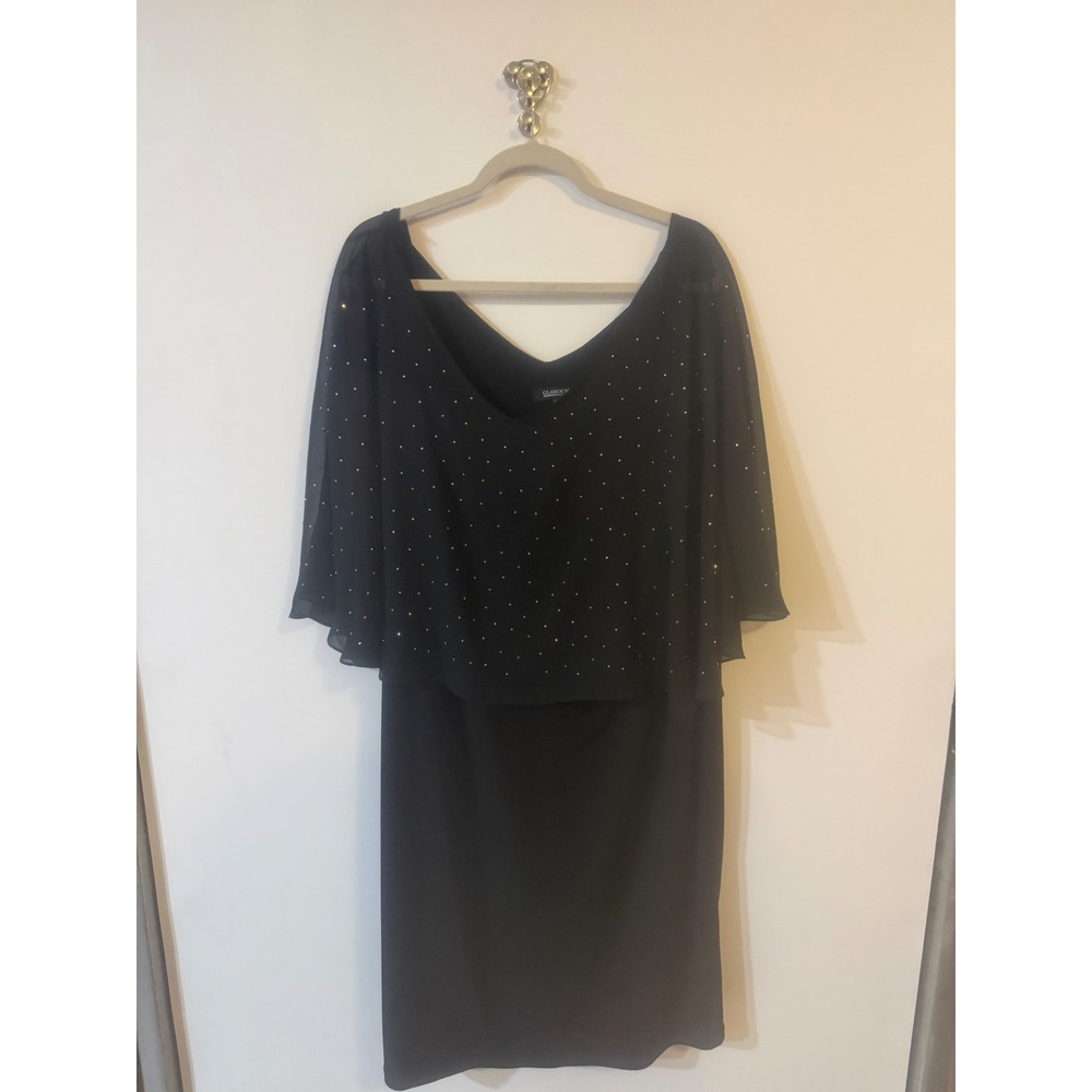 Glamour Black Studded Overlay Sheath Dress Womens 20W Plus V-Neck Cape Sleeve